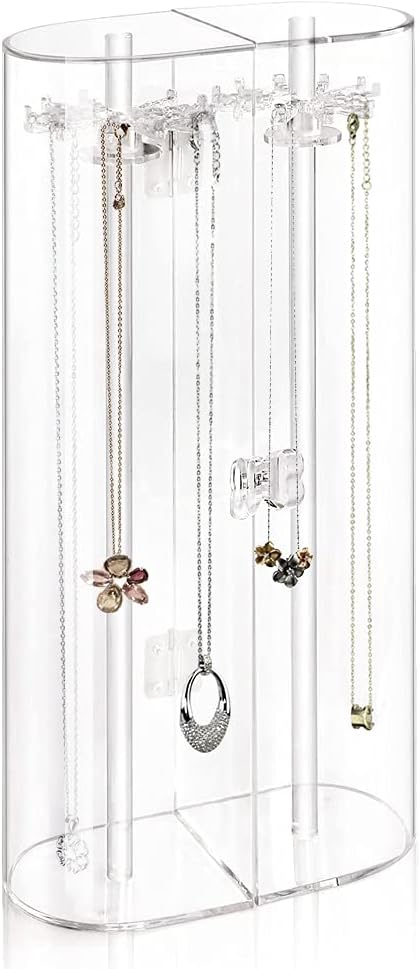 Spinning Tubular Acrylic Jewelry Storage Holder, Rotating Organizer - 24 Hooks for Dressing Table, Cosmetic Stations, Dresser, Bathroom Vanity Countertop - Holds Necklaces, Bracelets Clear