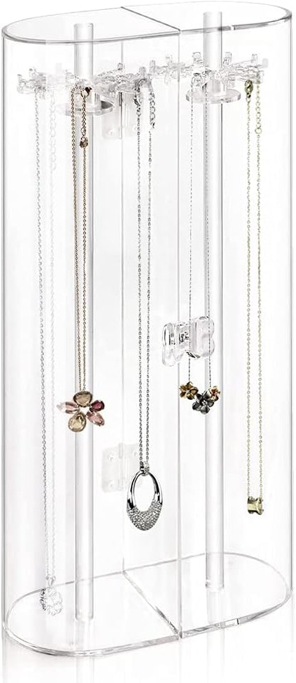 Spinning Tubular Acrylic Jewelry Storage Holder, Rotating Organizer - 24 Hooks for Dressing Table, Cosmetic Stations, Dresser, Bathroom Vanity Countertop - Holds Necklaces, Bracelets Clear