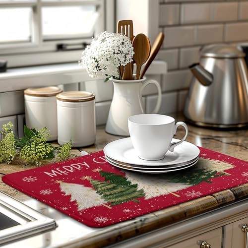 Merry Christmas Dish Drying Mat for Kitchen Counter 18x24 Inch Red Xmas Tree Snowflakes Drying Pad Winter Holiday Absorbent Microfiber Dish Draining Reversible Dish Drainer Rack Mat - Image 2