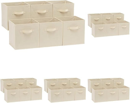 Amazon Basics Collapsible Fabric Storage Cubes Organizer with Handles, Sturdy Storage Bins for Organization, 10.5" x 10.5" x 11", Beige, 6 Count (Pack of 5)