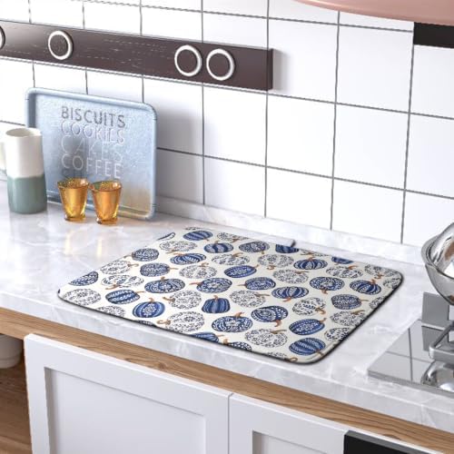 Chinoiserie Fall Dish Drying Mat for Kitchen Counter Blue and White Porcelain Pumpkin Dishes Drying Mat 16x18 Autumn Thanksgiving Dish Drainer Pad Microfiber Absorbent Dish Rack Mats - Image 5
