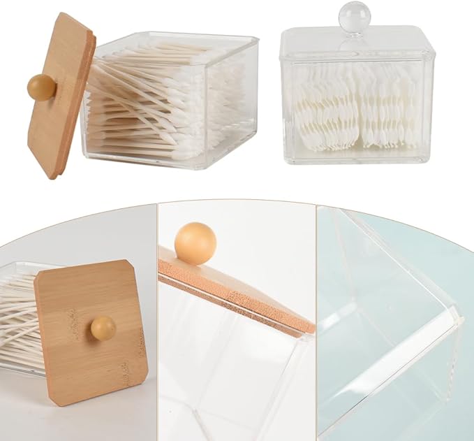 2pcs Acrylic Qtip Holder Dispenser with Lids, Clear Square Bathroom Canisters Plastic Storage Container