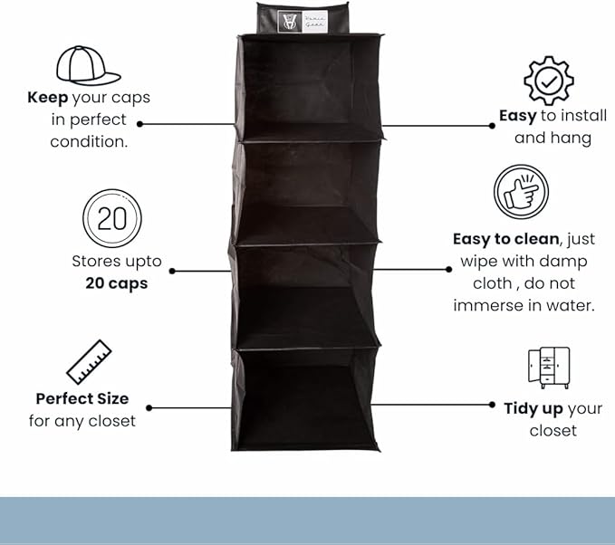 Homiegear Wall Hanging Organizer, 4 Storage Case Racks - Closets Organization Storage System for Caps, Wallet, Shoes, Towel, Goggles, Scarves, Belt & More for Closets Items - (Black)