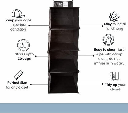 Homiegear Wall Hanging Organizer, 4 Storage Case Racks - Closets Organization Storage System for Caps, Wallet, Shoes, Towel, Goggles, Scarves, Belt & More for Closets Items - (Black)