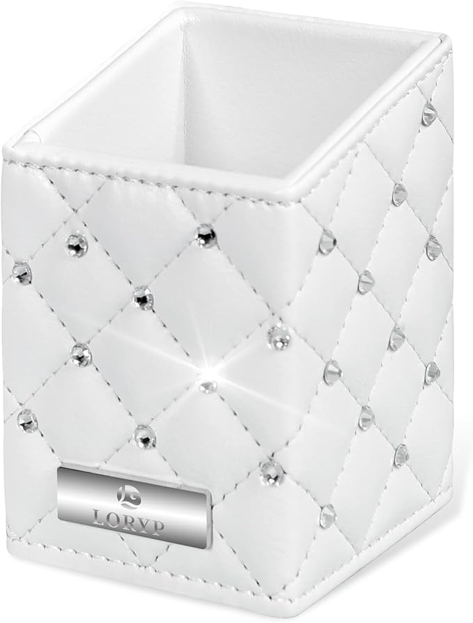 LORYP Makeup Brush Holder Crystal Brushes Cup White PU Make up Brush Case Bag Storage for Women (White)