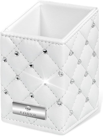 LORYP Makeup Brush Holder Crystal Brushes Cup White PU Make up Brush Case Bag Storage for Women (White)
