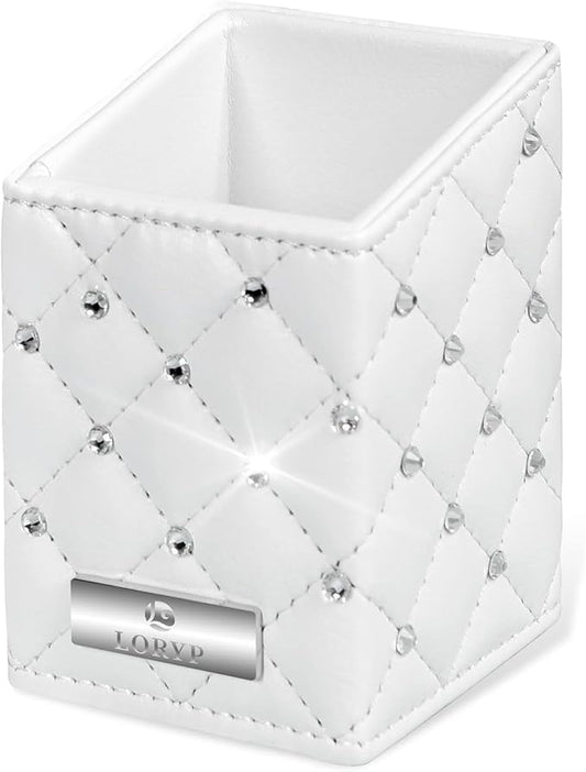 LORYP Makeup Brush Holder Crystal Brushes Cup White PU Make up Brush Case Bag Storage for Women (White)