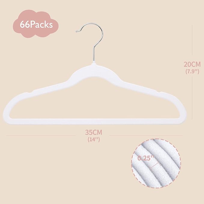 ManGotree 14 Inch Kids Velvet Hangers for Closet, Ultra-Thin Space Saving Children's Clothes Hangers, Non-Slip Felt Toddler Hanger for Youth's Clothes (66 Pack, White)
