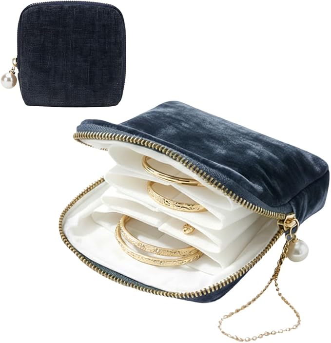 Travel Jewelry Case, Small Velvet Jewelry Pouch Bag with Zipper, Mini Portable Organizer for Earrings Rings Necklaces, Anti-Scratch Portable Storage Bag (Smog Blue)