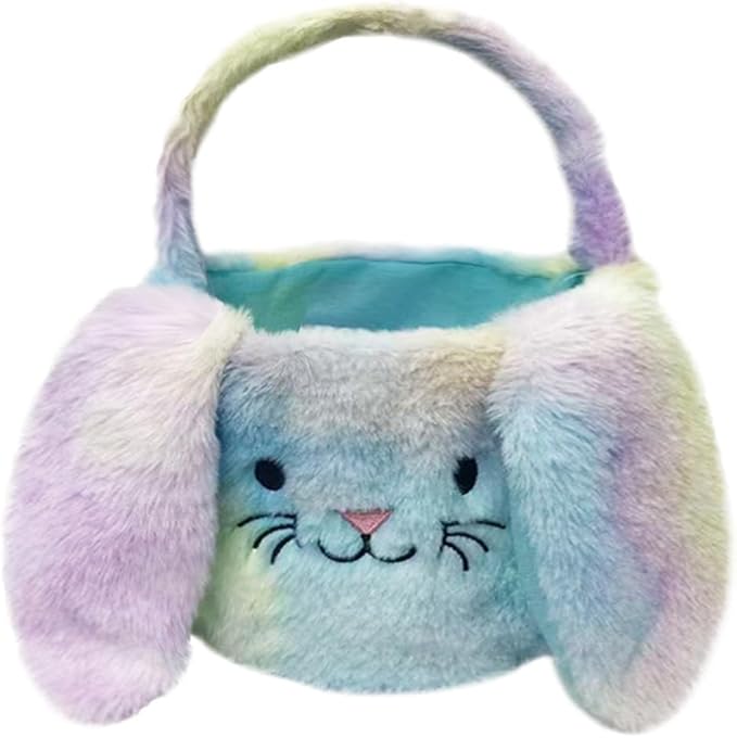 Easter Bunny Basket Plush Decorative Basket for Eggs Candy and Small Gifts (Rainbow)