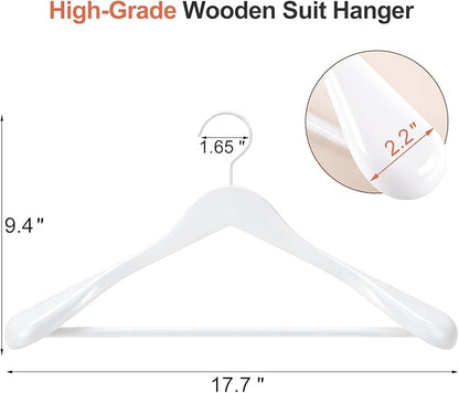 TOPIA HANGER White Wooden Coat Hanger 6 Pack, Wood Suit Hangers,Glossy Finish with Extra-Wide Shoulder, Thicker White Hooks & Anti-Slip Bar,Suitable for Coat, Suit,Dress,Jacket,Heavy Cloth - CT02W