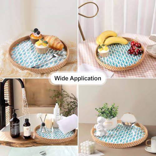 Round Rattan Tray with Mother of Pearl Inlay, Rattan Serving Tray for Coffee, Bread, Fruits, Decorative Wicker Tray for Table Decor, Home Decor, Kitchen Island Decor (Turquoise Fish, 11.8") - Image 2