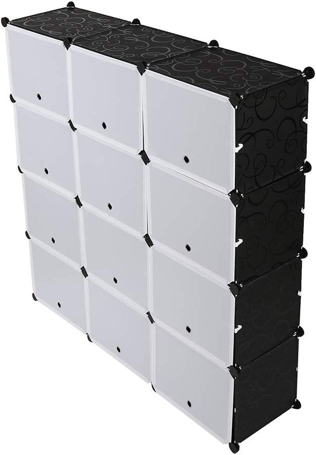 Shoe Rack Organizer, 12 Cube 7 Tier Covered Shoe Storage Cabinet 48 Pairs Freestanding DIY Shoe Shelves Plastic Shoes Rack for Closet Entryway Hallway Bedroom (Black)