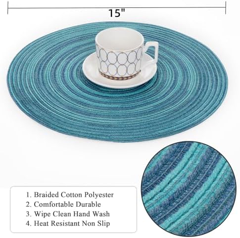 SHACOS 15 inch Round Placemats Set of 4 Variegated Multicolor Place Mats Cotton Polyester Braided Non Slip Washable Heat Resistant Table Mats for Home Wedding Dinner Party Table Decor, Rainbow Teal - Image 4