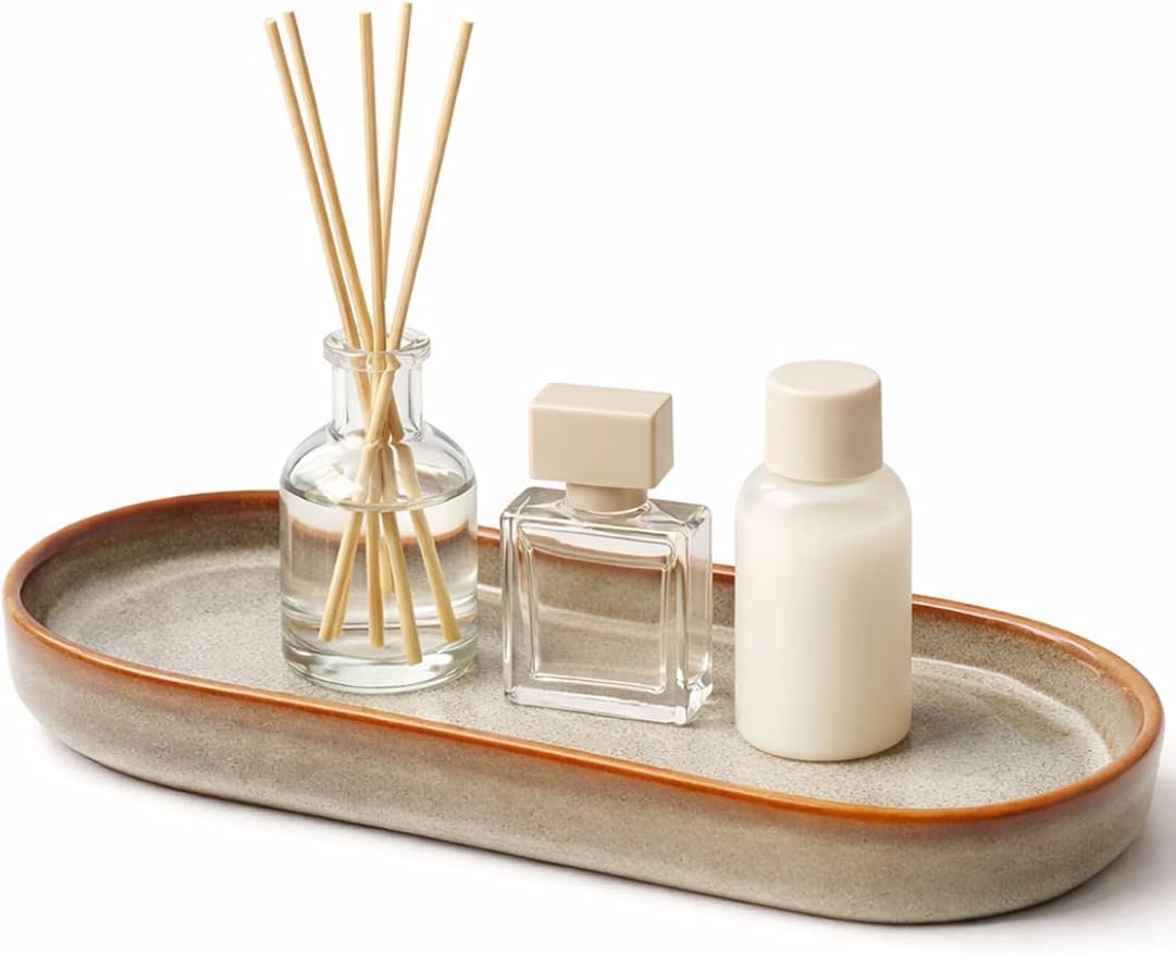 Reactive Glaze Ceramic Bathroom Tray with Brown Rim, Oval Vanity Organizer Dish for Perfume, Jewelry & Soap, Unique Kiln-Fired Decorative Tray for Bathroom Countertop, Dresser, Coffee Bar