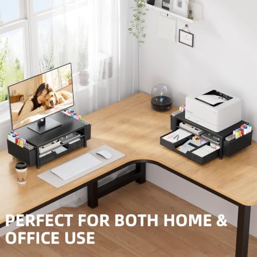 2-Tier Monitor Stand with Drawer, Metal Desk Riser, Black - Image 7