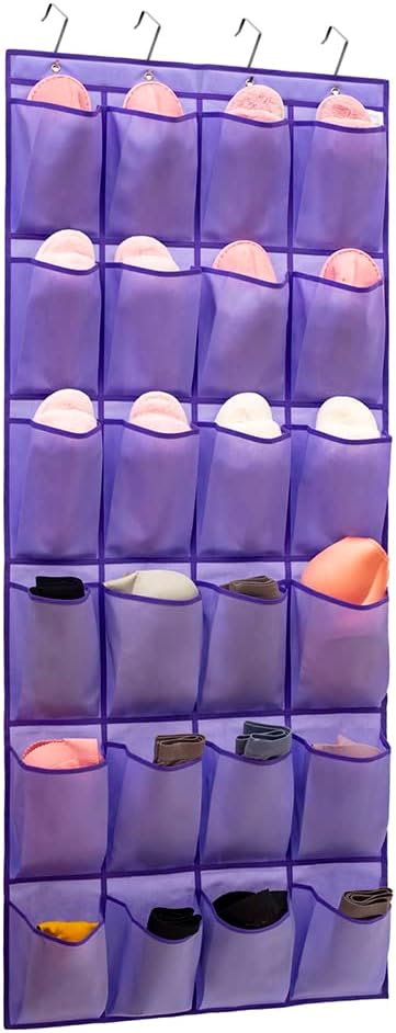 Over The Door Hanging Shoe Organizer Shoe Rack Hanger 24 Large Fabric Pockets Holder with 4 Sturdy Hooks (PURPLE)