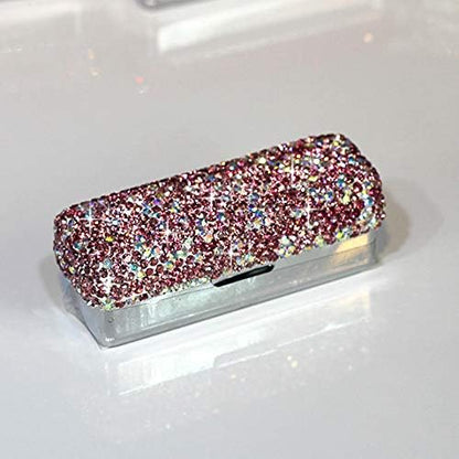 Lipstick Bling Rhinestone Crystal Case Storage Organizer Box with Mirror for Women's Lipstick Holder-Cosmetic Storage Kit (Pink)