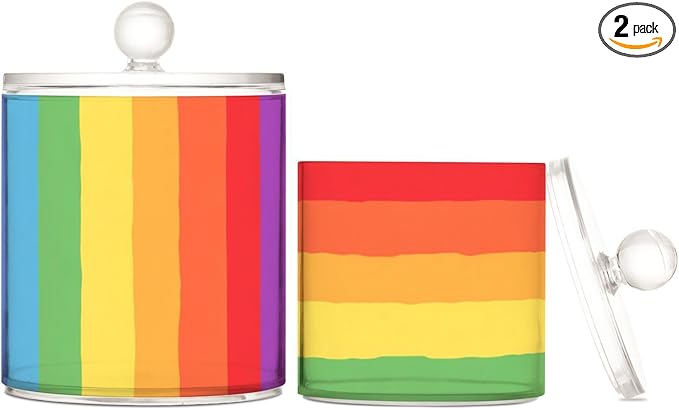 2 Pack Qtip Dispenser Apothecary Jars with Lids Cotton Round Holder Bathroom Canisters for Cotton Swab Floss Ball Pads Clear Plastic Decorative Vibrant Colorful Stripes