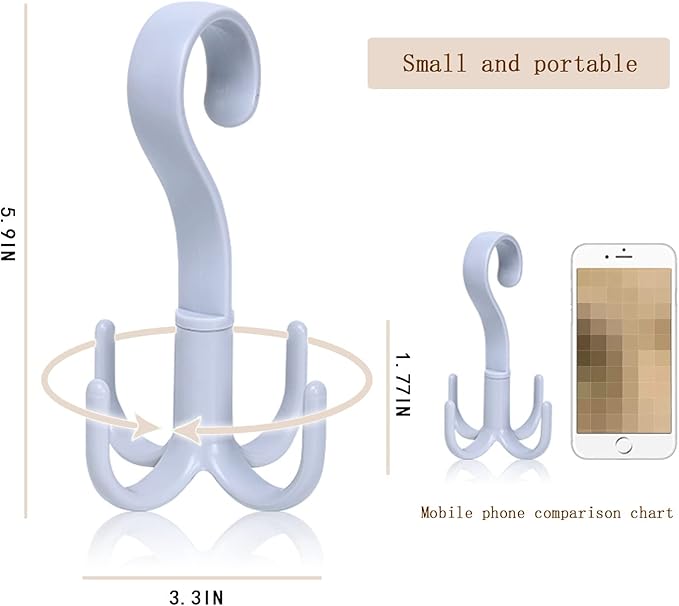 Closet Hanging Organizer 360 Degree Swivel Hooks (Pack of 3) for Hanging Belts, Ties, Bags, Purses, Scarves, Clothes and More. Easy Installation, no Drilling Required, Space Saving.