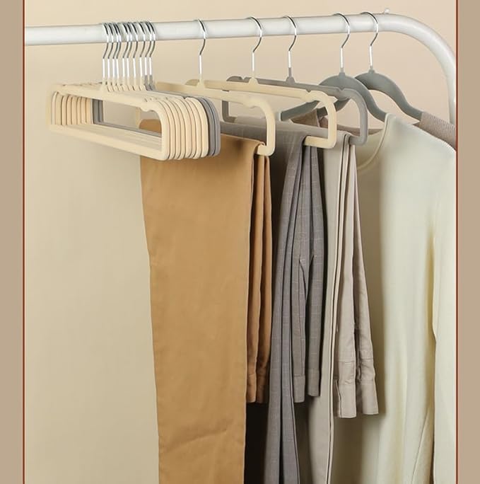 Velvet Hangers Non Slip - Thin Space Saving Clothes Hanger - 20 Pack Pants Hangers for Closet - Strong Durable Jean Perchas with 360 Degree Rotatable Silver Hook for Tank Top (Beige)