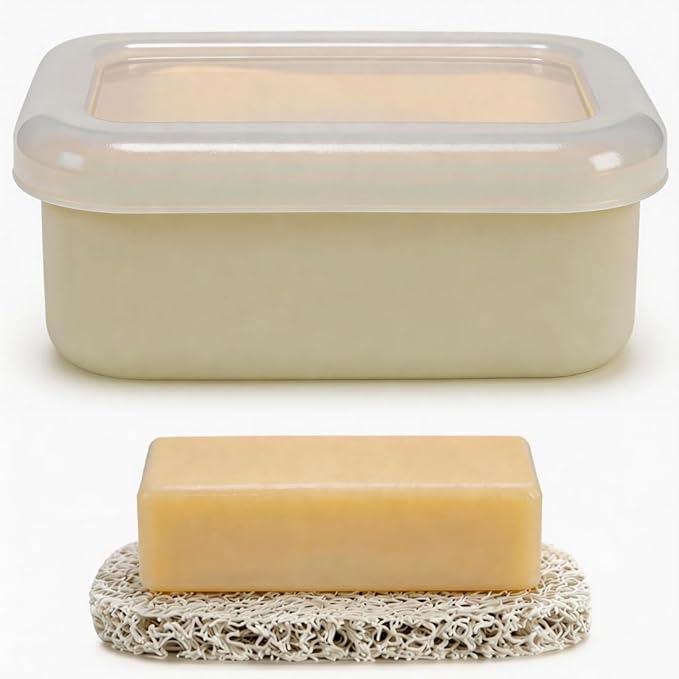 Compact Leakproof Travel Soap Case with Drainage Layer, Silicone Soap Holder Travel Soap Dish, Bar Soap Container for Traveling, Camping, Gym, Bathroom (Beige)
