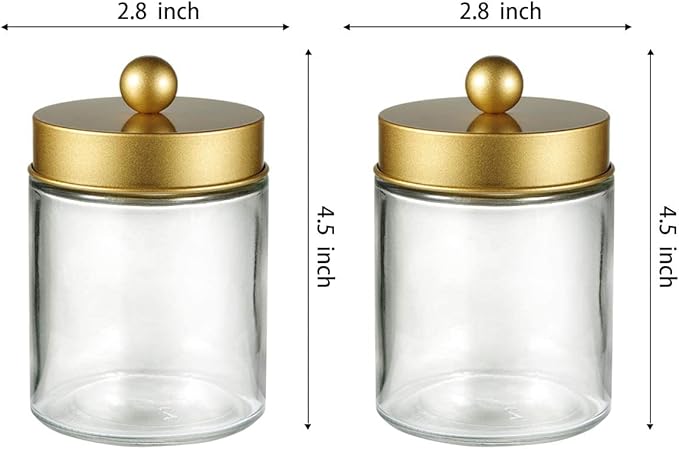 Amolliar Apothecary Jars Bathroom Storage Organizer -Countertop Storage Organizer Canister Jar - Cute Qtip Dispenser Holder Glass with Lid- for Cotton Swabs,Bath Salts,Hair Band / 2-Pack(Gold)