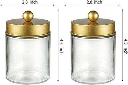 Amolliar Apothecary Jars Bathroom Storage Organizer -Countertop Storage Organizer Canister Jar - Cute Qtip Dispenser Holder Glass with Lid- for Cotton Swabs,Bath Salts,Hair Band / 2-Pack(Gold)
