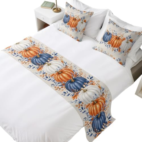 Orange Blue Pumpkin Bed Runners for Queen Size Beds Fall Bed Scarf Matching Decorative Throw Pillow Covers Thanksgiving Beige Hotel Beds End Blanket Towel Soft Bedspread Protection for Home Bedroom by Unknown