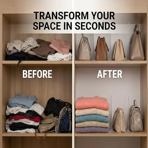 Acrylic Shelf Dividers for Closet Organization: 8 Pack Clear Removable 10/11.8" Tall X 11.8/10" Deep Clipless Separators for All Cabinets, Vertical Adjustable Storage Clothes, Purse, Bag Organizer - Image 6