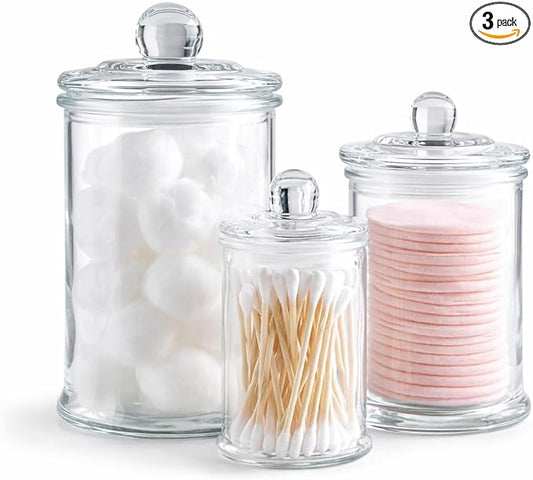 KMWARES 3PCs Set Small Mini Clear Glass Premium Quality Apothecary Jars/Bathroom Storage/Vanity Organizer Canisters for Cotton Balls/Swabs, Makeup Sponges, Bath Salts, Q-Tips (3Jar)