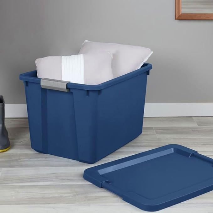 Large Storage Bin, 20 Gallon Plastic Storage Tote with Latch Lid and Grip Handle, Stackable Container for Household, Garage, Basement, or Outdoor, Blue