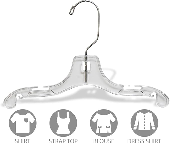 Clear Plastic Baby Top Hanger, (Box of 25) Small 10 inch Space Saving Childrens Shirt Hangers with Notches and 360 Degree Chrome Swivel Hook