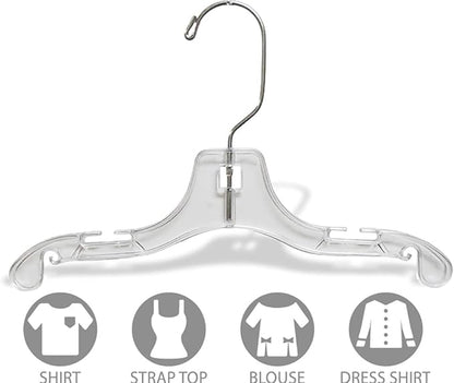 Clear Plastic Baby Top Hanger, (Box of 25) Small 10 inch Space Saving Childrens Shirt Hangers with Notches and 360 Degree Chrome Swivel Hook