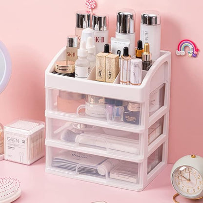 Makeup Organizer with 3 Drawers Plastic Storage for Vanity Cosmetic Display Cases Large Capacity Bathroom Countertop Plastic Storage for Skin Care Products(Arc Type)
