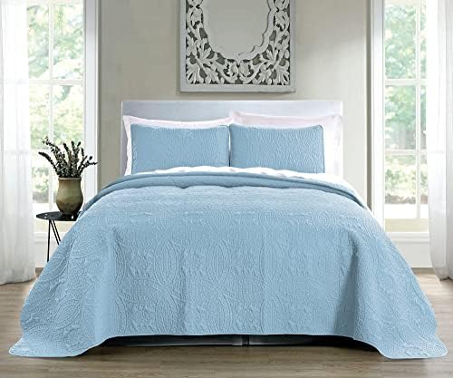 Pure Bedding Quilt Set Full/Queen Size Sky Blue - Oversized Bedspread - Soft Microfiber Lightweight Coverlet for All Season - 3 Piece Includes 1 Quilt and 2 Shams, Geometric Pattern - Image 2