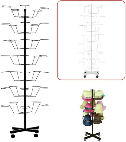 7 Tiers Rotating Hat Rack, Freestanding Cap Hat Retail Display Stand, Spinner Rack Hat Cap Display, Adjustable Height w/35 Circular Hat Hooks (white)