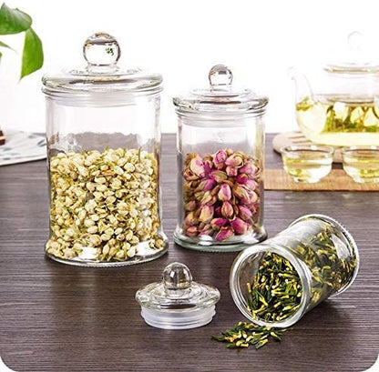 Set of 3 Glass Apothecary Jars with Lids, Bathroom Canisters Storage Container Jars, Decorative Small Glass Apothecary Jar for Cotton Swabs, Cotton Balls, Makeup Sponges, Bath Salts