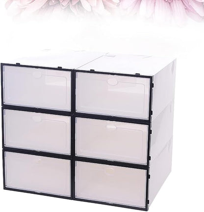 Lurrose 6pcs Thick Plastic Shoe Storage Boxes with Black Frame, Stackable Shoe Organizer Containers for Men’s Closet, Space-saving Footwear Storage Solution