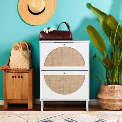 ZeHuoGe Rattan Shoe Cabinet with 2 Flip Drawers, Entrance Hallway Slim Entryway Organizer, White Rack Storage for Heels, Slippers