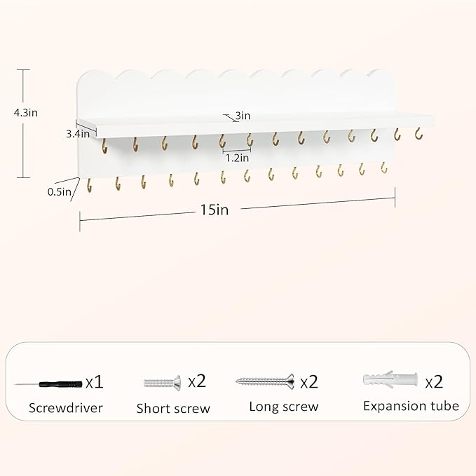 Wall Mount Jewelry Organizer with 26 Hooks and Cosmetics Shelf, Modern Wood Hanging Jewelry Holder for Necklaces, Bracelets, Earrings and Rings, White