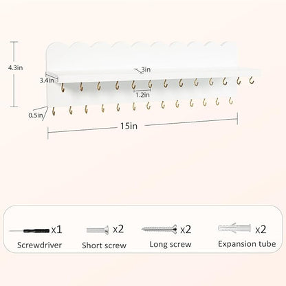 Wall Mount Jewelry Organizer with 26 Hooks and Cosmetics Shelf, Modern Wood Hanging Jewelry Holder for Necklaces, Bracelets, Earrings and Rings, White