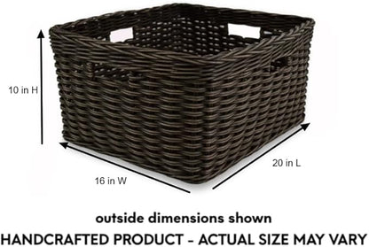 The Basket Lady Rectangular Deep Wicker Storage Basket, Large, 20 in L x 16 in W x 10 in H, Antique Walnut Brown