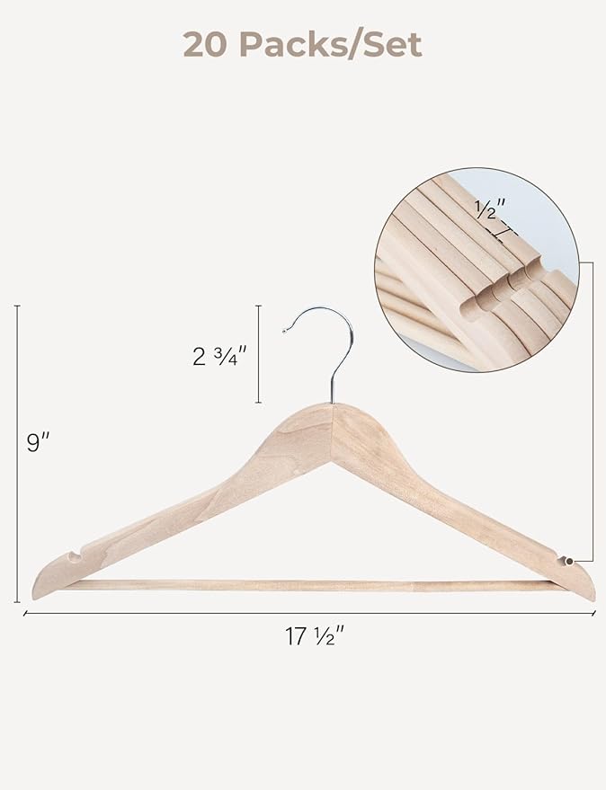 StorageWorks Clothes Hanger 20 Pack, Wooden Coat Hangers for Shirts, Jackets, Pants, Suits, Sweaters, Lotus Wood