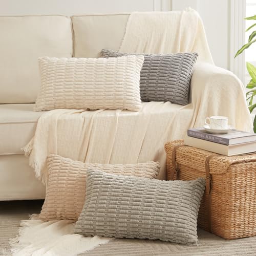 Fancy Homi 4 Packs Neutral Long Lumbar Decorative Throw Pillow Covers 12x24 Inch for Living Room Couch Bed, Boho Home Decor, Soft Striped Corduroy Rectangle Accent Beige Cushion Case 30x60 cm - Image 7