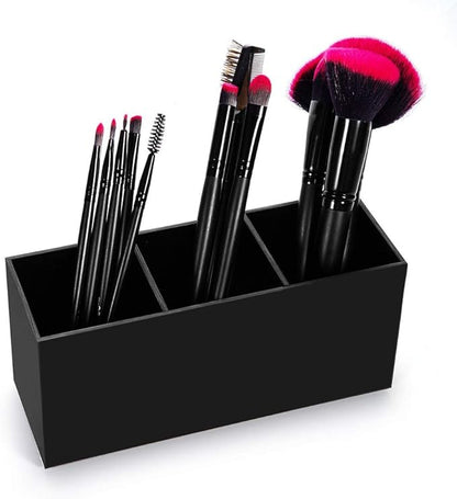 AKOAK 1 Pack Black and White Three Grid desktop Storage Box, Girl Makeup Brush Lipstick Eyebrow Pencil Display Stand, Office Pen Holder, Dressing Table, Bathroom Makeup Tool Storage Box (Black)