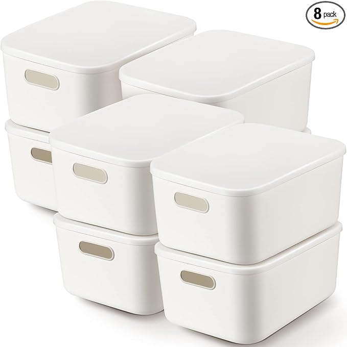 Tuanse 8 Pieces White Plastic Storage Bins with Lids, Stackable Storage baskets with Handle Containers Box for Shelves Drawers Desktop Playroom Classroom Office Organization(14 x 10.5 x 6.5 Inches)