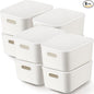 Tuanse 8 Pieces White Plastic Storage Bins with Lids, Stackable Storage baskets with Handle Containers Box for Shelves Drawers Desktop Playroom Classroom Office Organization(14 x 10.5 x 6.5 Inches)