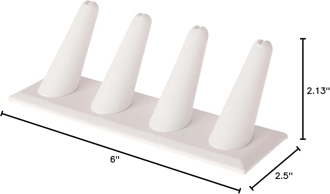 Plymor White Faux Leather Ring Finger Display, Four on Rectangular Base, 6" W x 2.125" D x 2.5" H (Pack of 12)