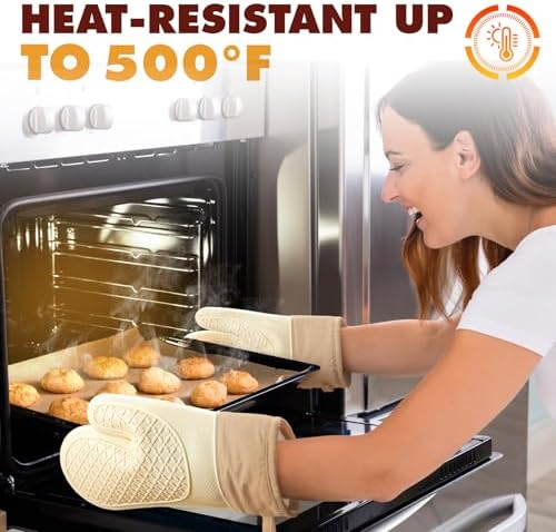 Silicone Oven Mitts (2 PCS), Waterproof Non Slip Grip Oven Gloves with Thick Soft Cotton Lining, Universal Fit Heat Resistant Kitchen Gloves for Baking, BBQ, Cooking and Grilling - White - Image 6
